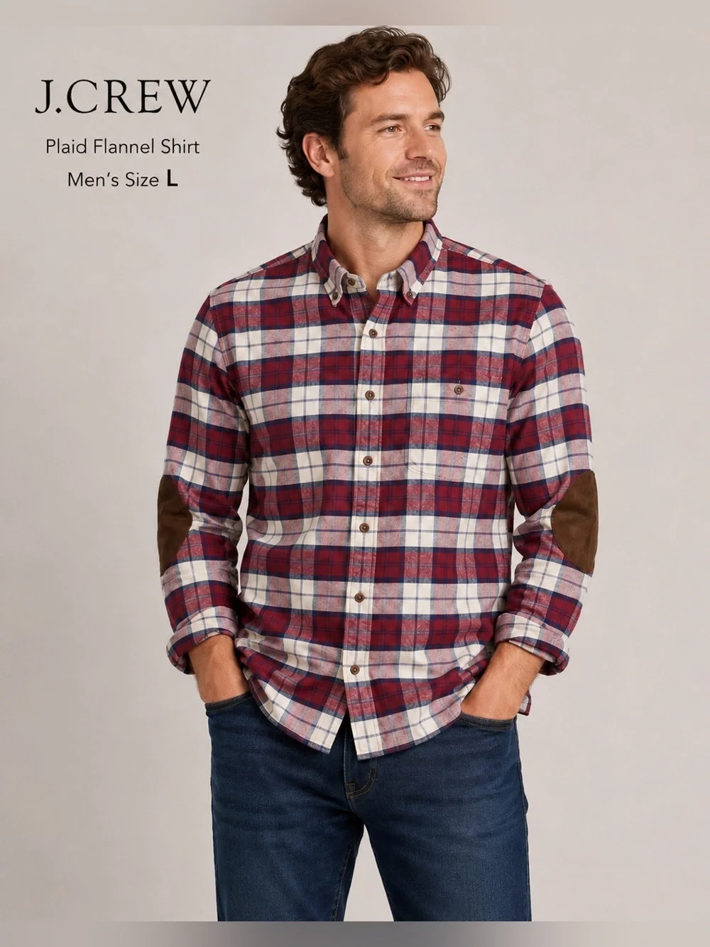 J. CREW Men's Red Plaid flannel Shirt with Elbow Patches/size L